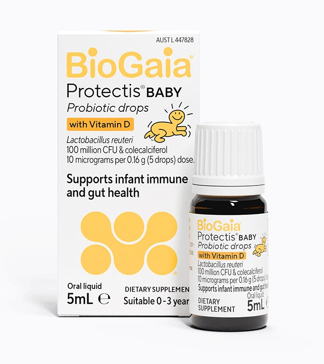 BioGaia Protectis Baby Probiotic Drops with Vitamin D – 5mL oral liquid supplement for infants aged 0–3 years, supports gut and immune health with L. reuteri.