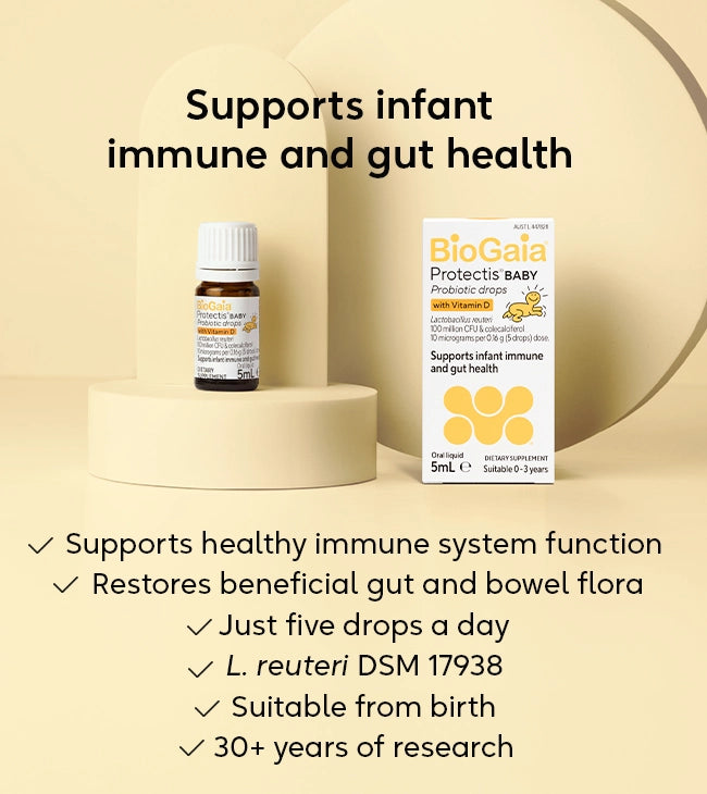 BioGaia Protectis Baby Probiotic with Vitamin D – Supports infant immune and gut health, with L. reuteri DSM 17938, suitable from birth.