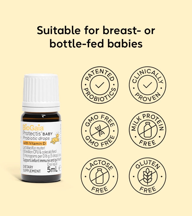 Protectis Baby Probiotic Drops – Clinically proven, patented probiotic for infants, suitable for breast- and bottle-fed babies, GMO-free, lactose-free, gluten-free.
